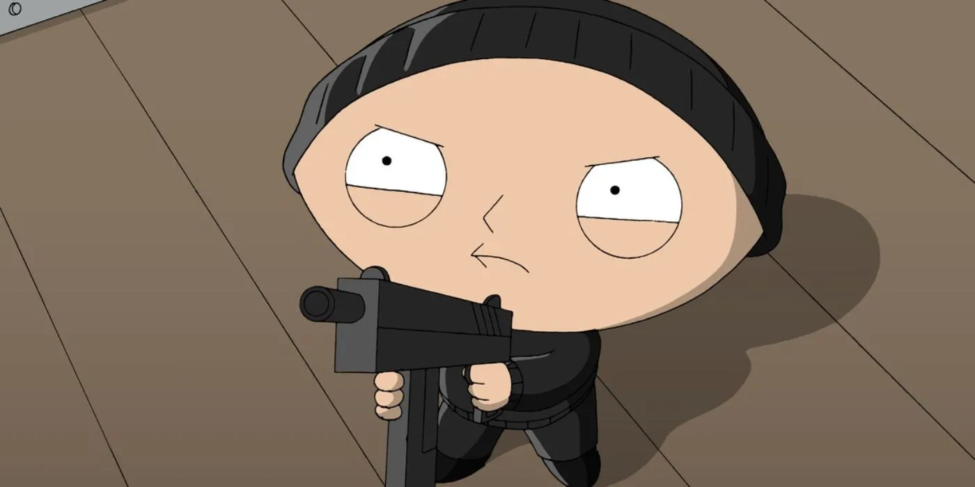 Zrzut ekranu z Family Guy Stewie trzyma broń przed zabiciem Lois