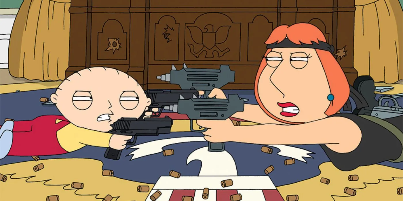 Captura de pantalla de Padre de Familia Stewie y Lois apuntándose con armas