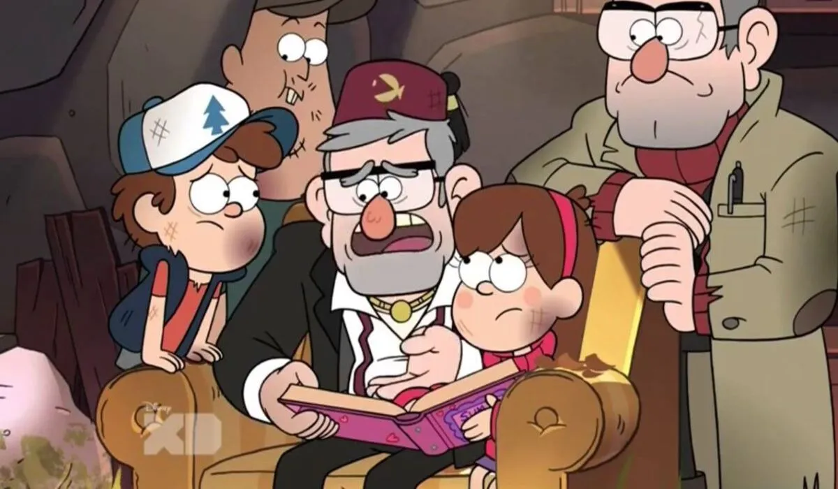 Grunkle Stan rodeado de Soos, Mabel, Dipper y Grunkle Ford después de perder todos sus recuerdos.