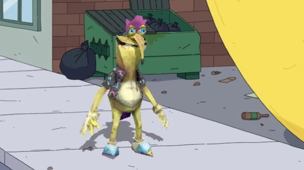 A grotesque animated creature stands on a sidewalk in