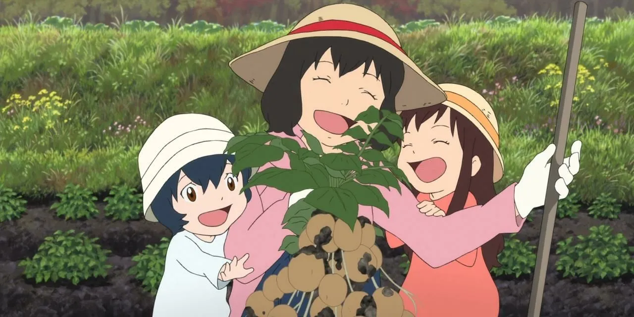 Hana com seus dois filhos em Wolf Children