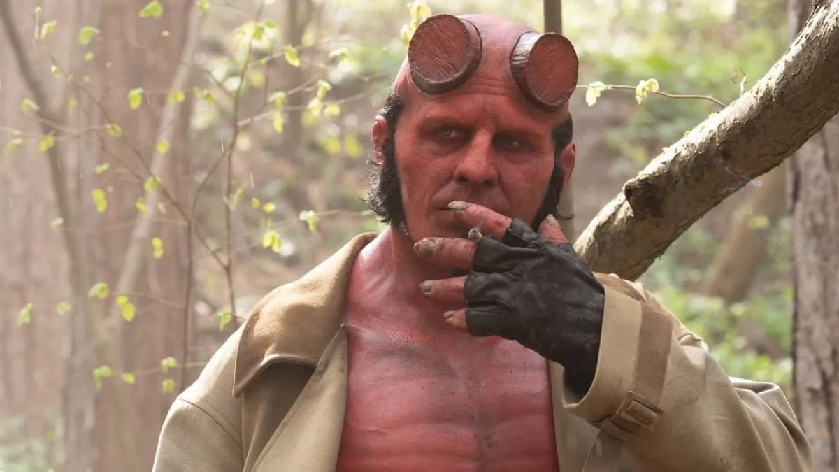 Jack Kesy as Hellboy with cigarette in 'Hellboy: The Crooked Man'