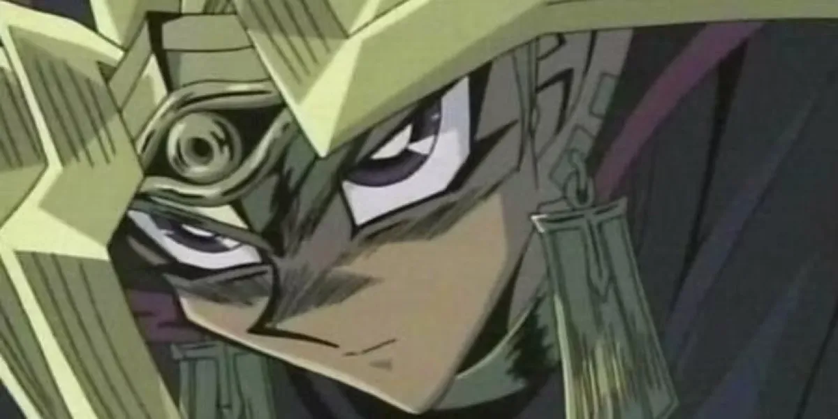 Yugi appears intense with narrowed eyes in