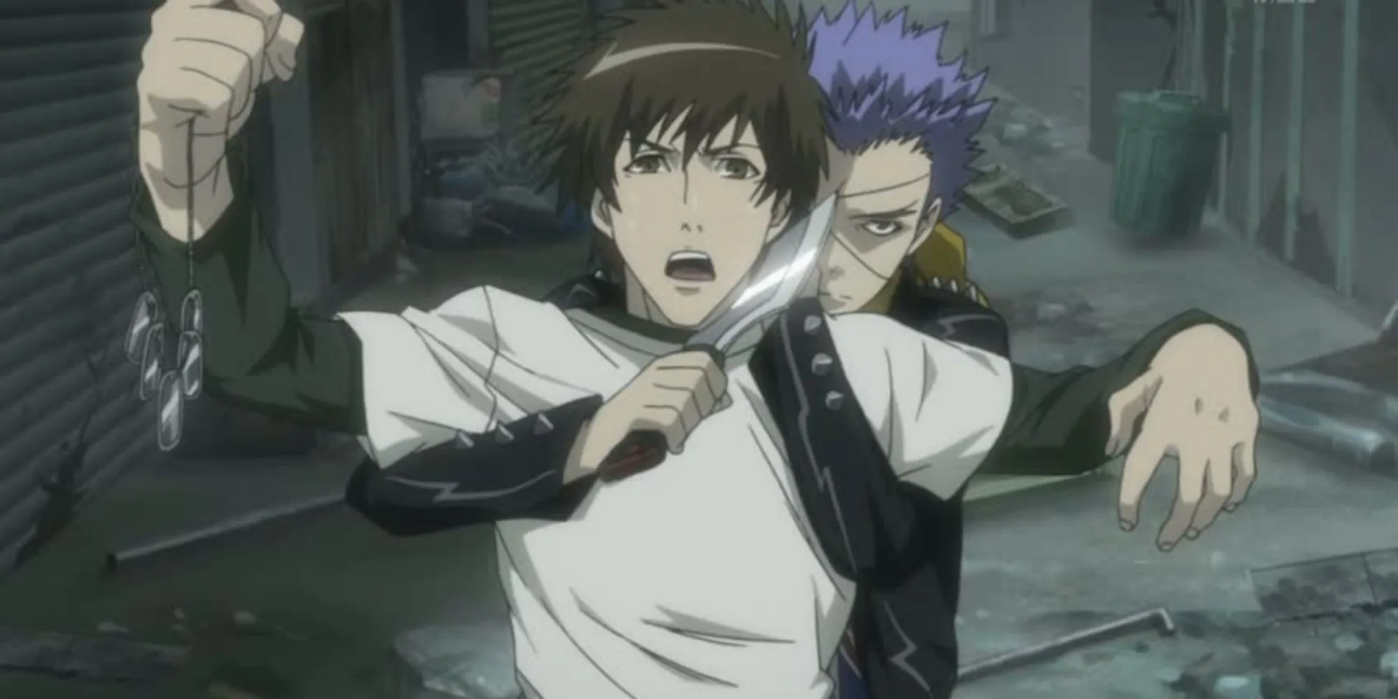 Keisuke being grabbed from behind and threatened with a knife