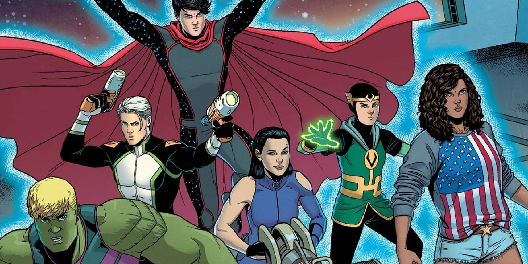 America alongside the Young Avengers - Hulkling, Kate Bishop, Loki, Speed, and Wiccan