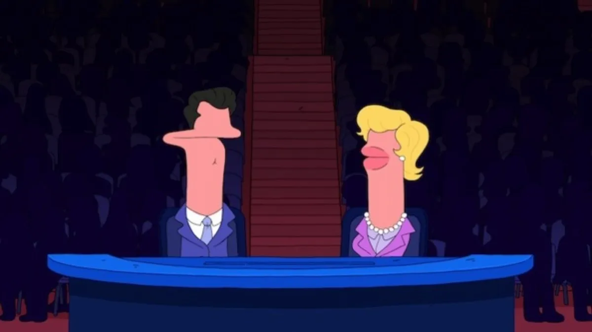 Two animated talking heads debate in an auditorium in