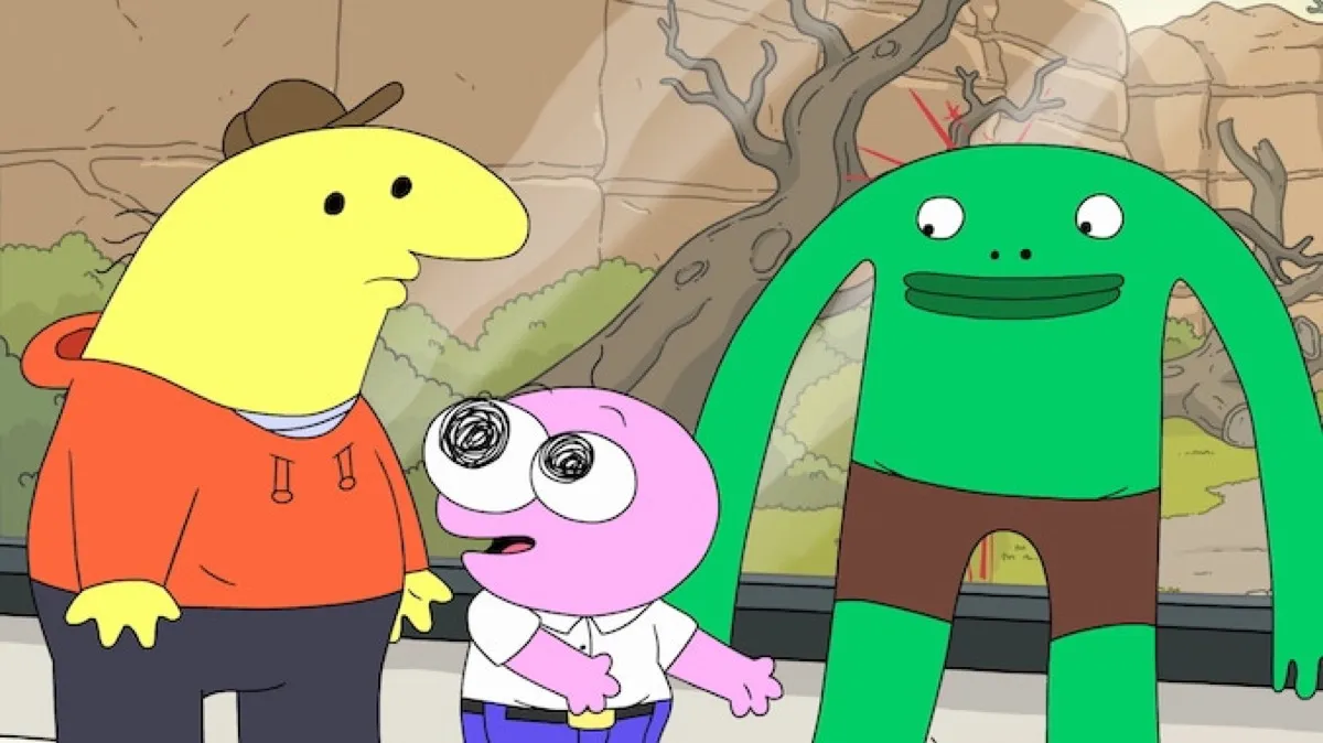 Two animated critters talk to a frog man in