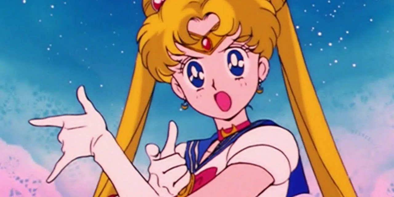 Sailor Moon strikes a pose while facing an enemy in the original anime.