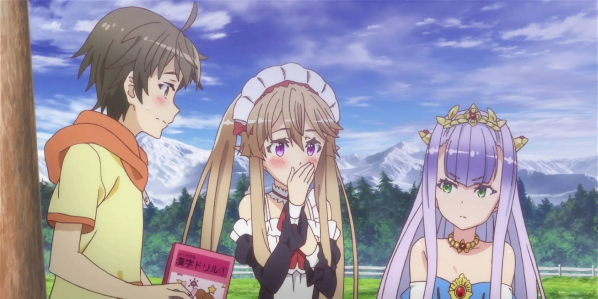 Trzy postacie z Outbreak Company stojące przy drzewie