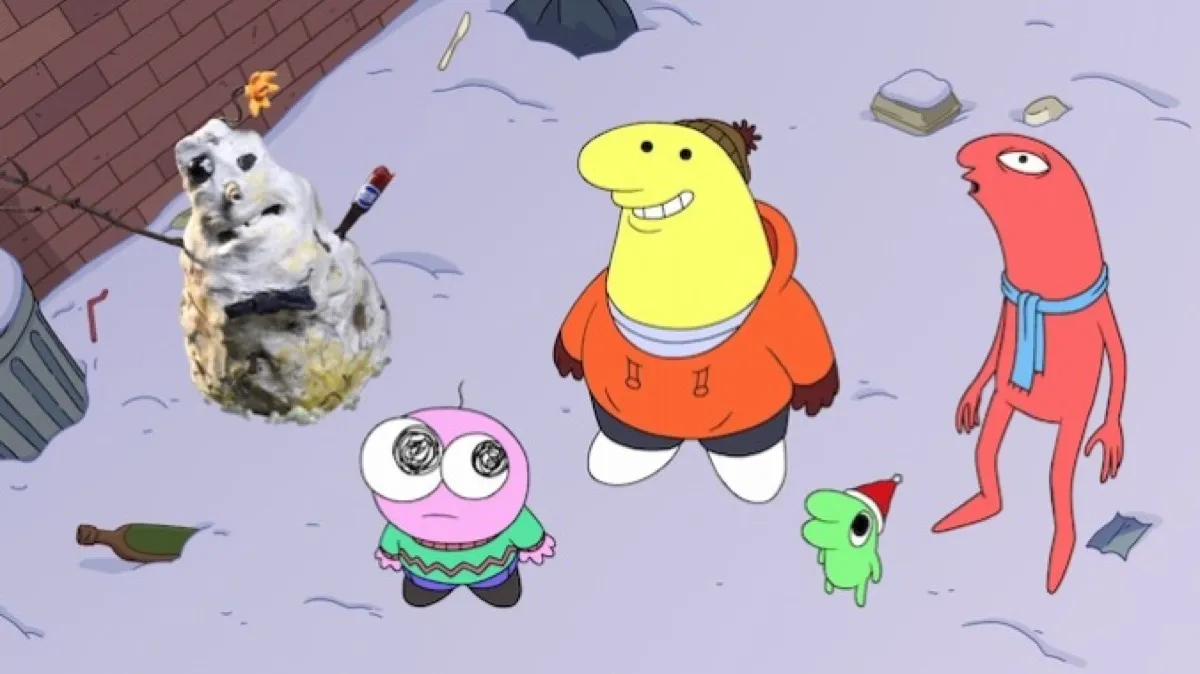 A group of animated critters and a snowman look up to the sky in