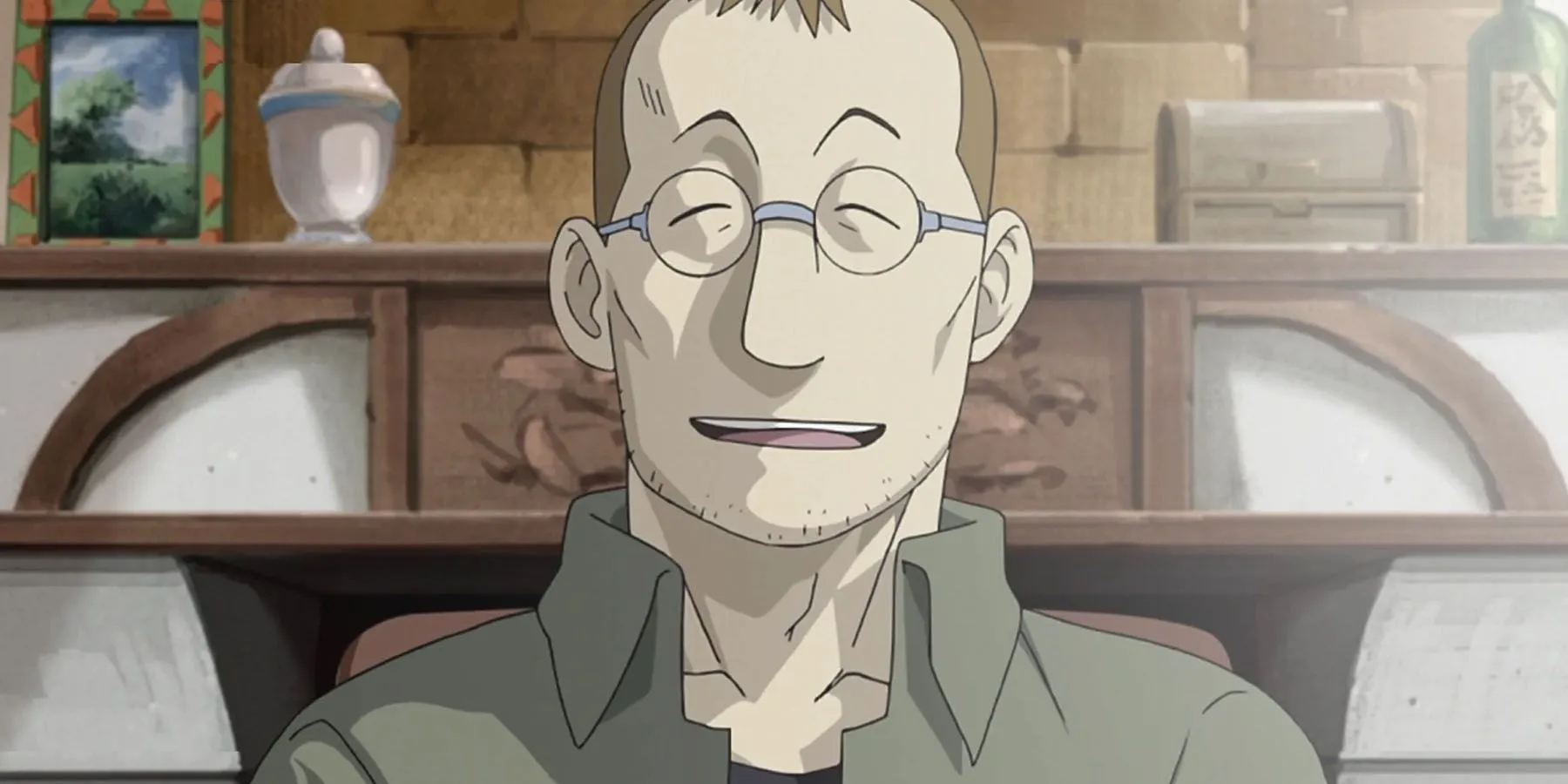 Shou Tucker souriant en parlant avec les frères Elric dans Full Metal Alchemist Brotherhood