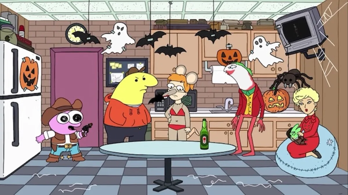 A group of animated critters stand around at a Halloween party in 'Smiling Friends'