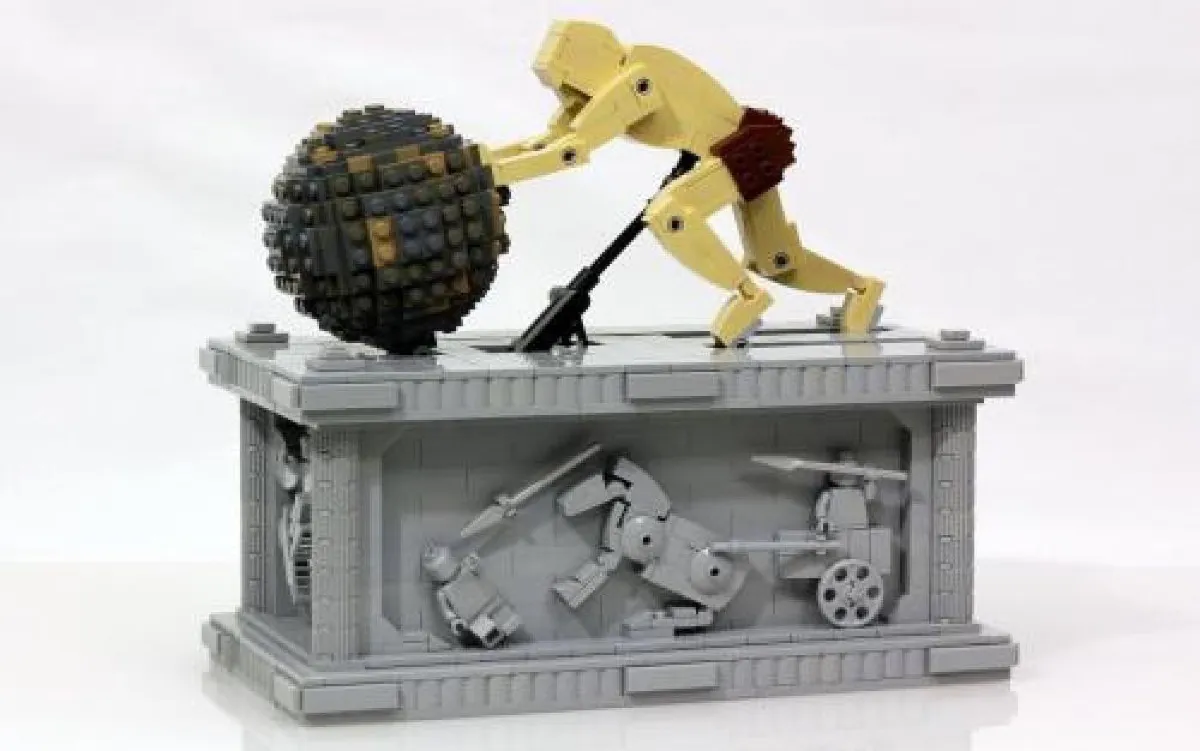 A custom LEGO sculpture of Sisyphus carrying a boulder