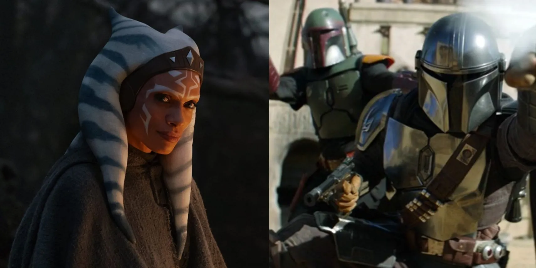 Ahsoka in The Mandalorian alongside Mando and Boba in The Book of Boba Fett