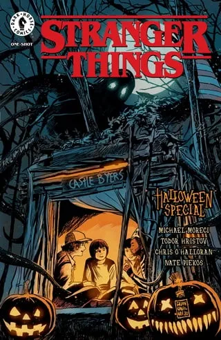 Cover of Stranger Things Halloween Special comic featuring the boys in Castle Byers