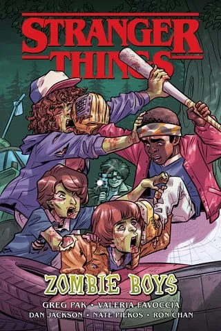 Portada de Stranger Things: Zombie Boys mostrando a la pandilla como zombies