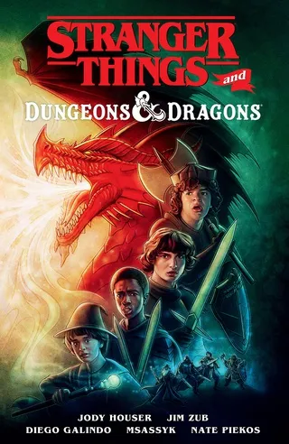 Portada del cómic Stranger Things y Dungeons & Dragons con los chicos y un dragón.