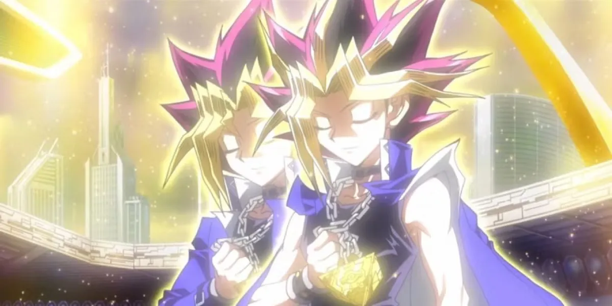 Yugi and Atem stand side by side, eyes closed in