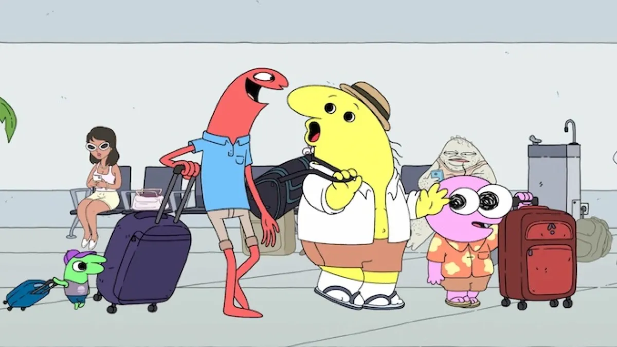 A group of animated critters walk around an airport in