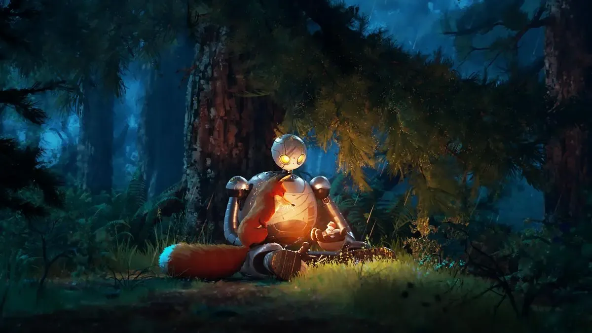 A robot sits by a campfire in the woods in