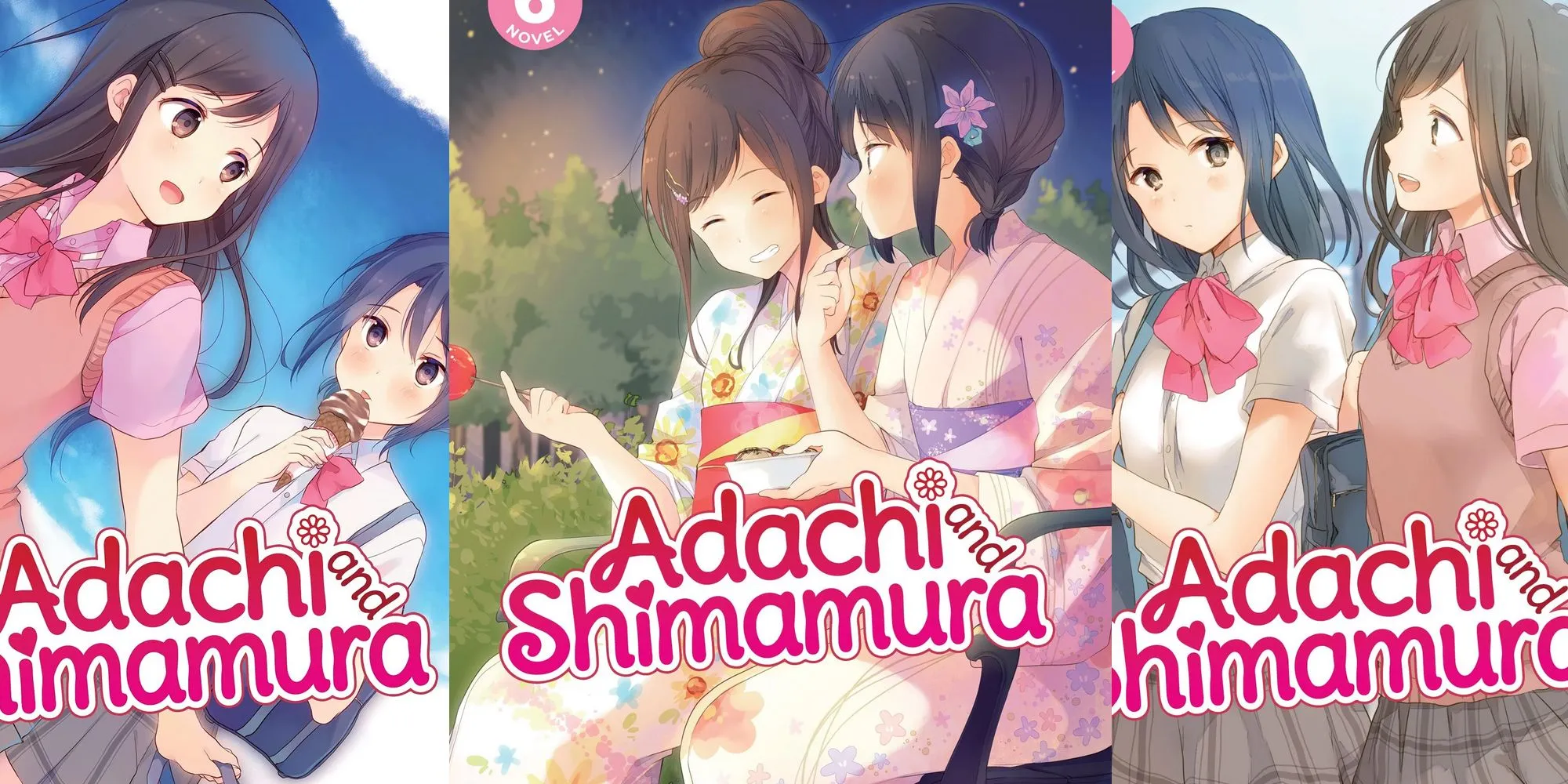 Capas de Adachi e Shimamura de light novels sorvete yukata caminhando para a escola