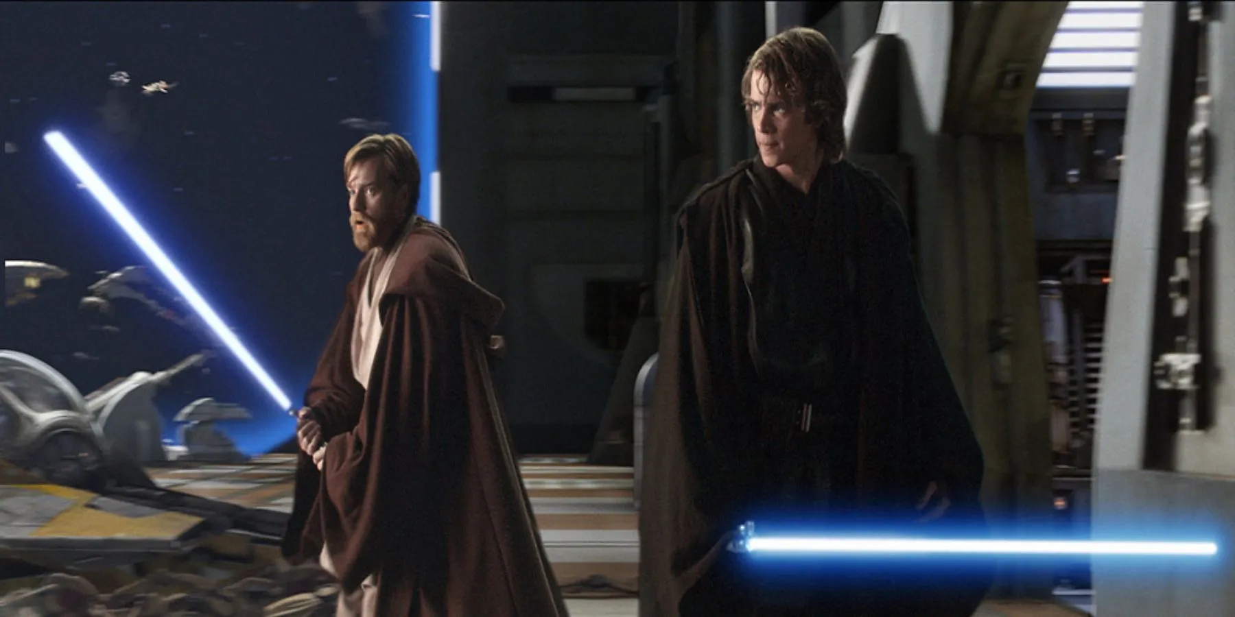 Obi-Wan e Anakin se preparando para uma luta de sabres de luz no episódio 3 de Star Wars, A Vingança dos Sith