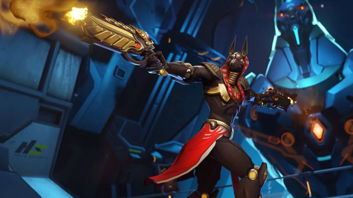 Anubis Reaper strzelający z broni w Overwatch 2.