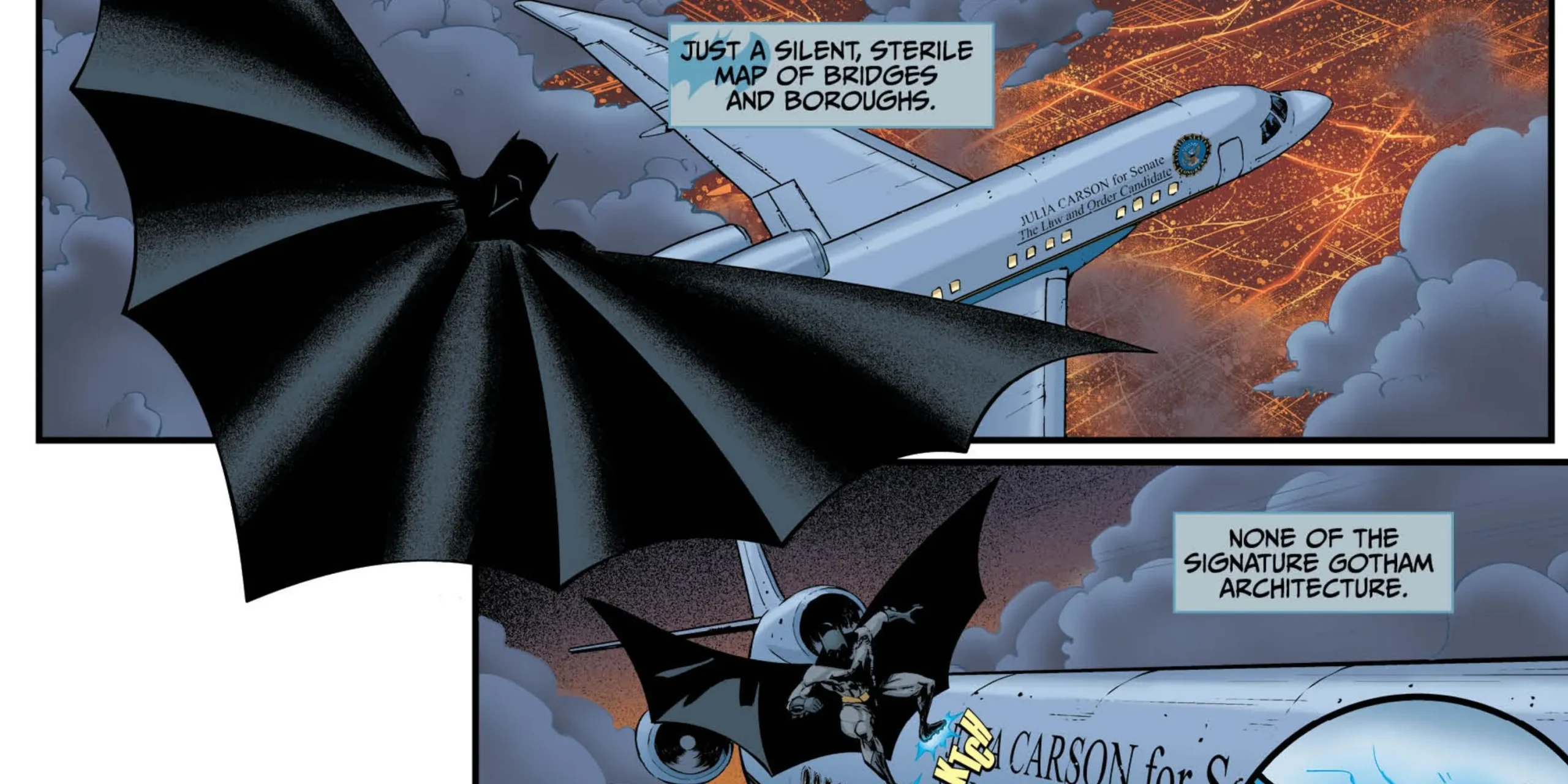 Batman glides towards a plane