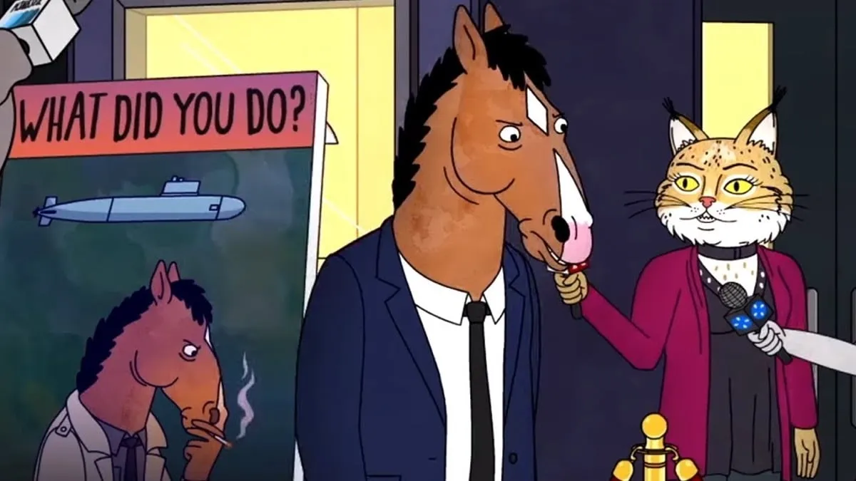 Bojack Horseman frente al póster de Philbert en Bojack Horseman de Netflix.