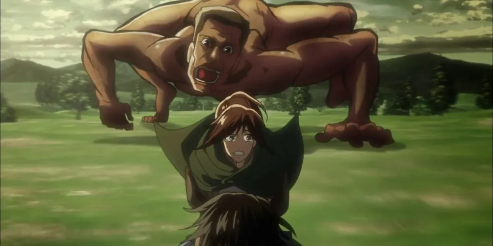 A quadruped Abnormal Titan pursuing Sasha Braus in Attack on Titan