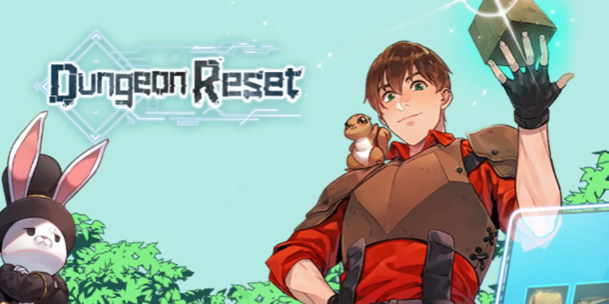 O logotipo do Dungeon Reset e o personagem principal segurando um cubo