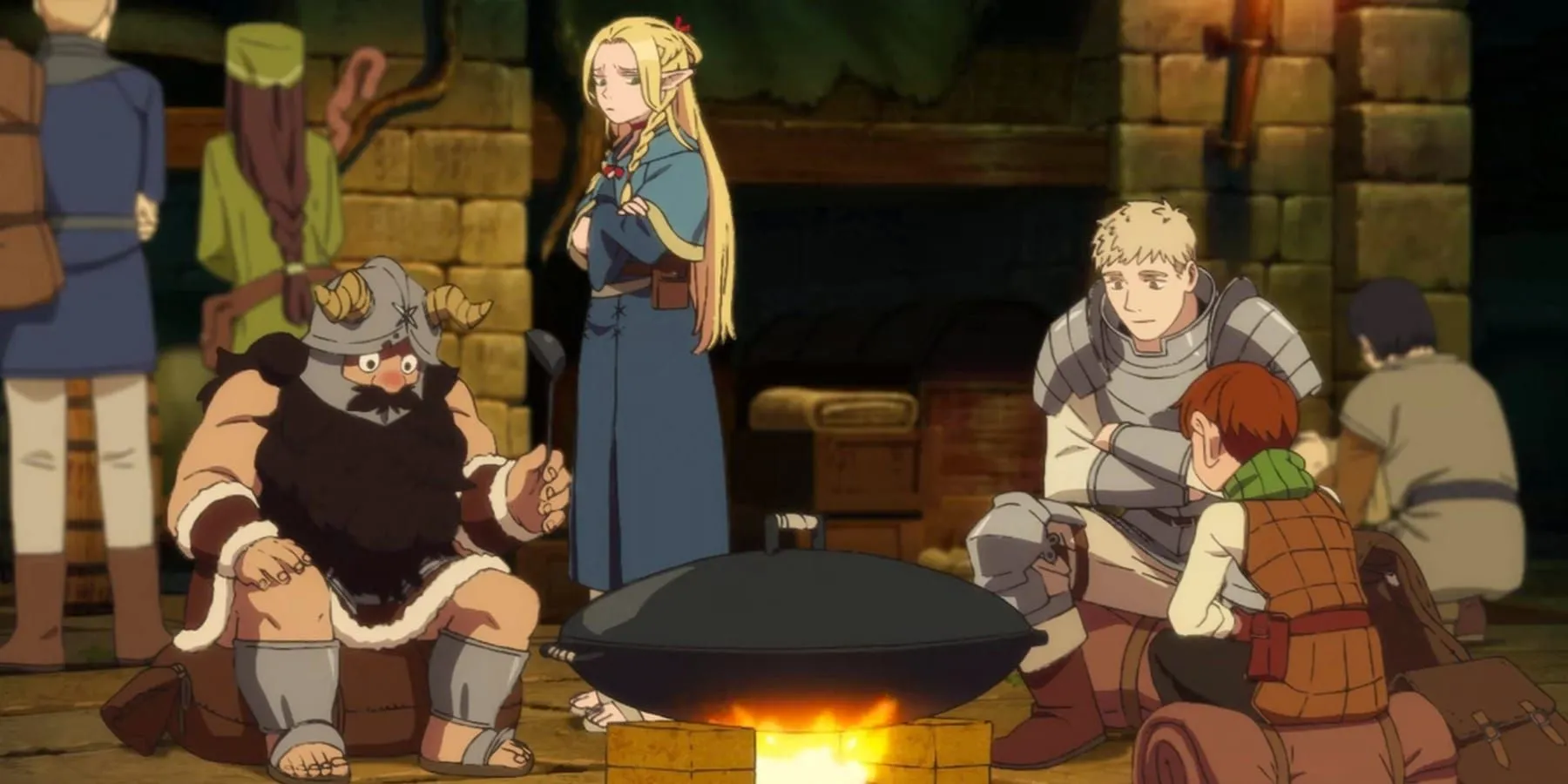 Delicioso en Dungeon E01 Elenco sentados juntos