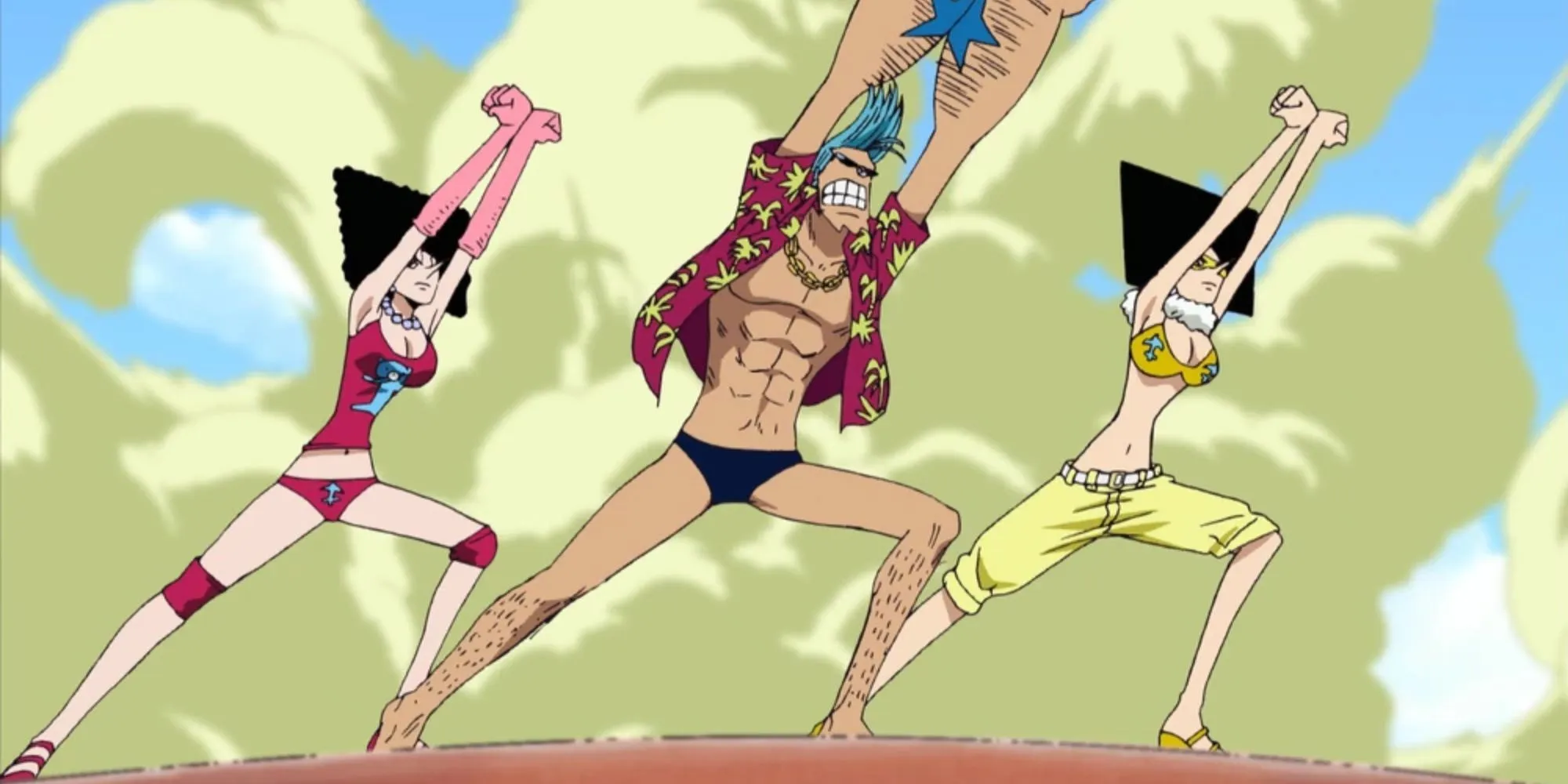 Franky encontra Luffy, ladeado por Kiwi e Mozu.