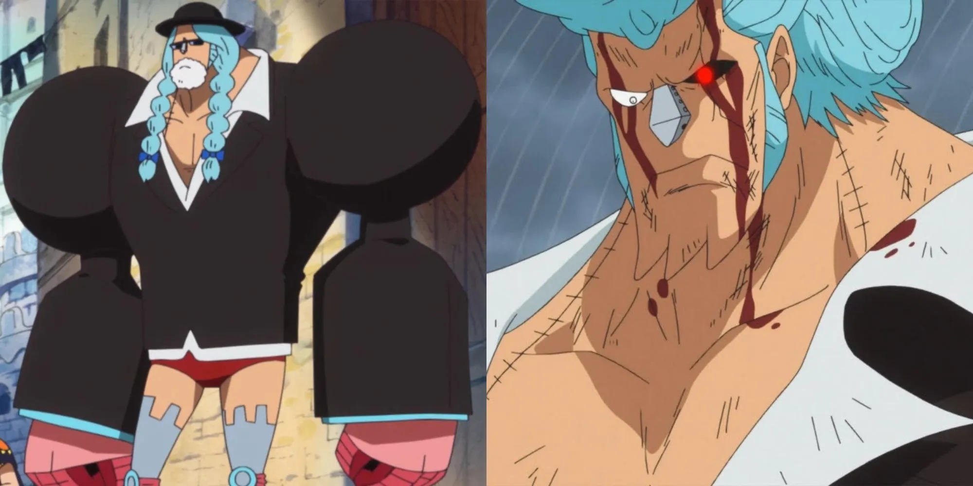 Franky's disguise at the start and his battle attire after facing Senor Pink in the Dressrosa Arc.