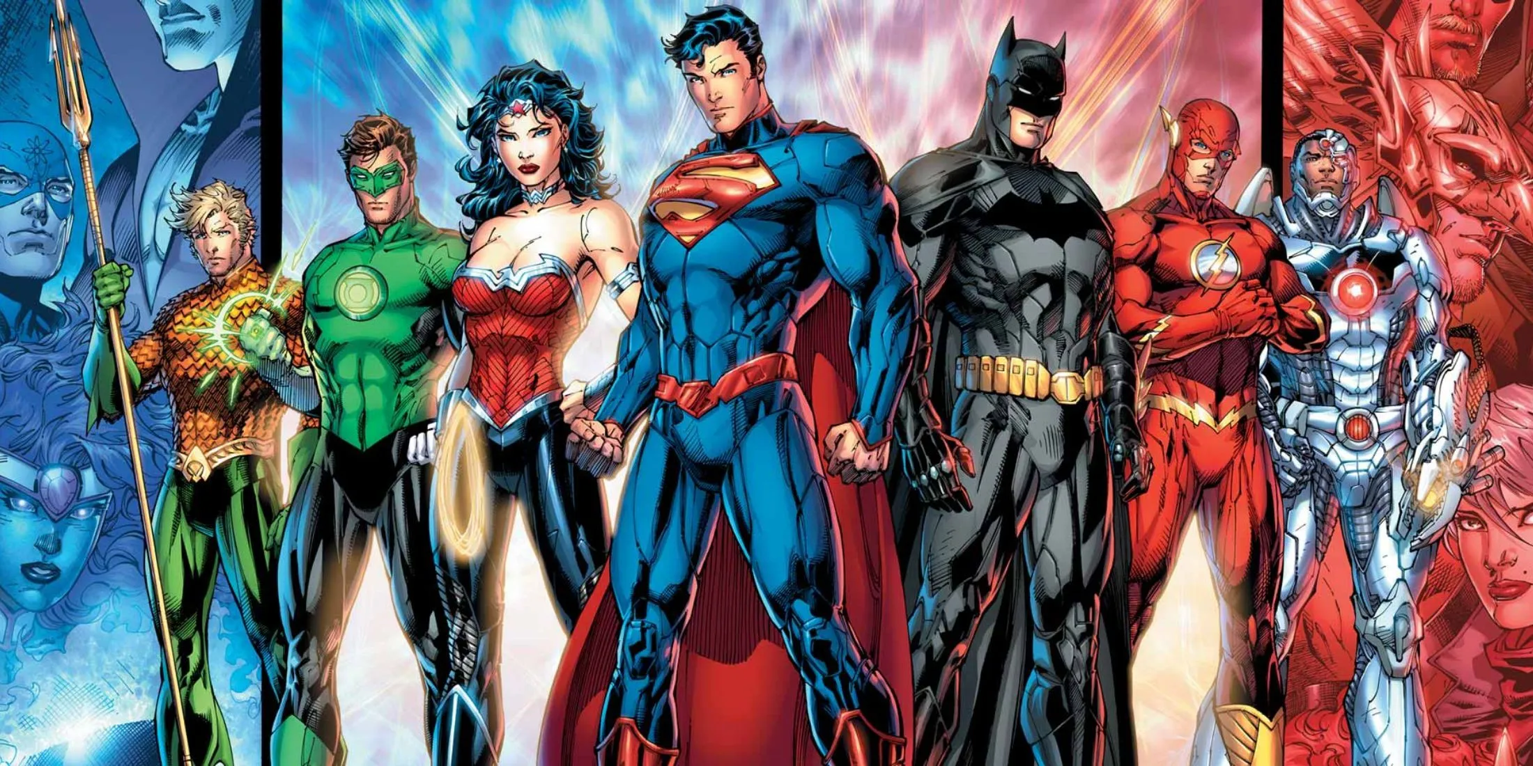 Membros da Liga da Justiça, incluindo Superman, Batman e Mulher-Maravilha