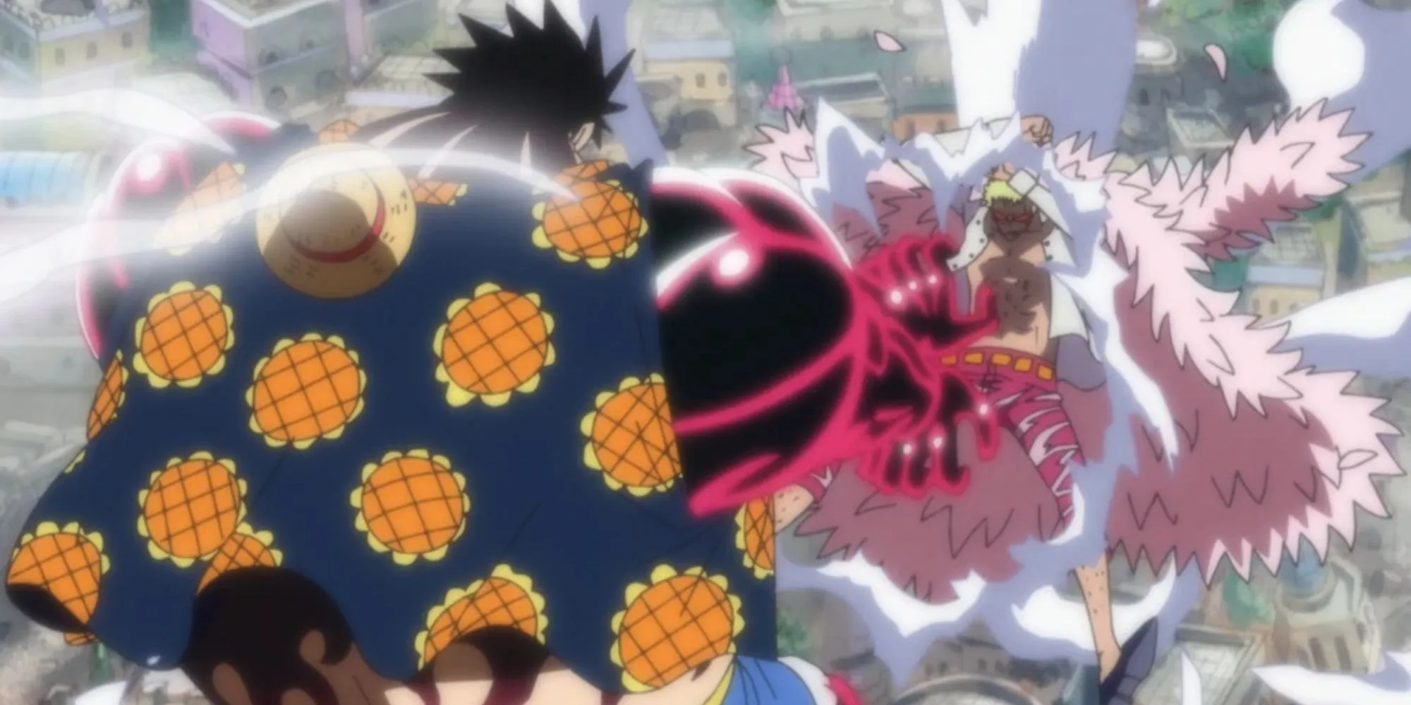 Luffy z Gear 4 atakuje Doflamingo.