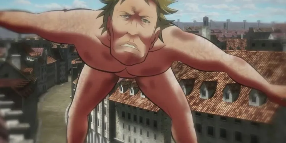 An Abnormal Titan leaping to attack the scouts in Attack on Titan