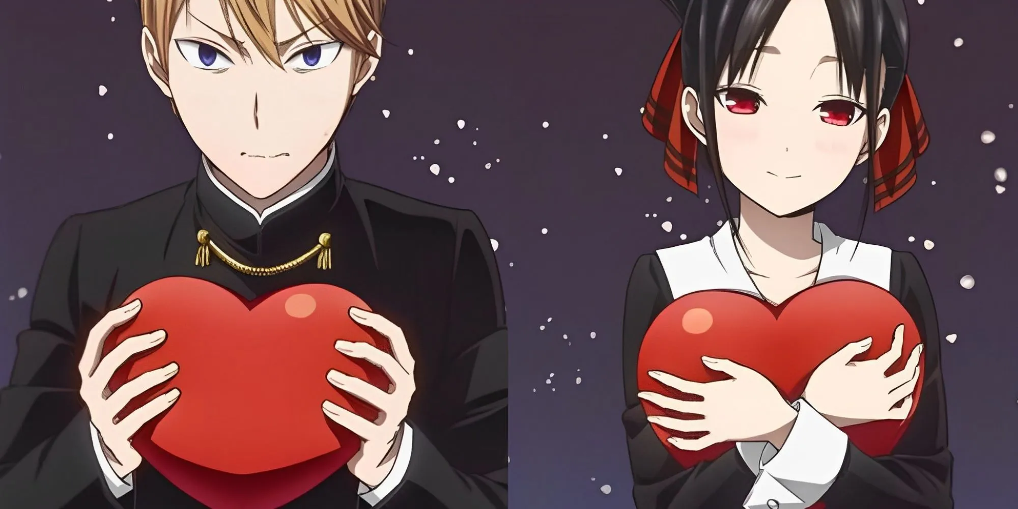 Shirogane et Shinomiya de Kaguya-sama : L'amour est une guerre tenant des ballons en forme de cœur