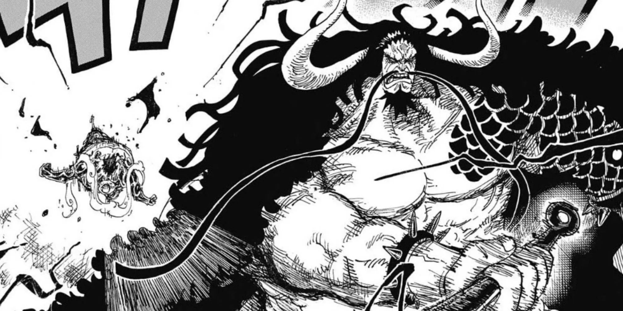 Kaido derriba rápidamente a Luffy con un solo Raimei Hakke.