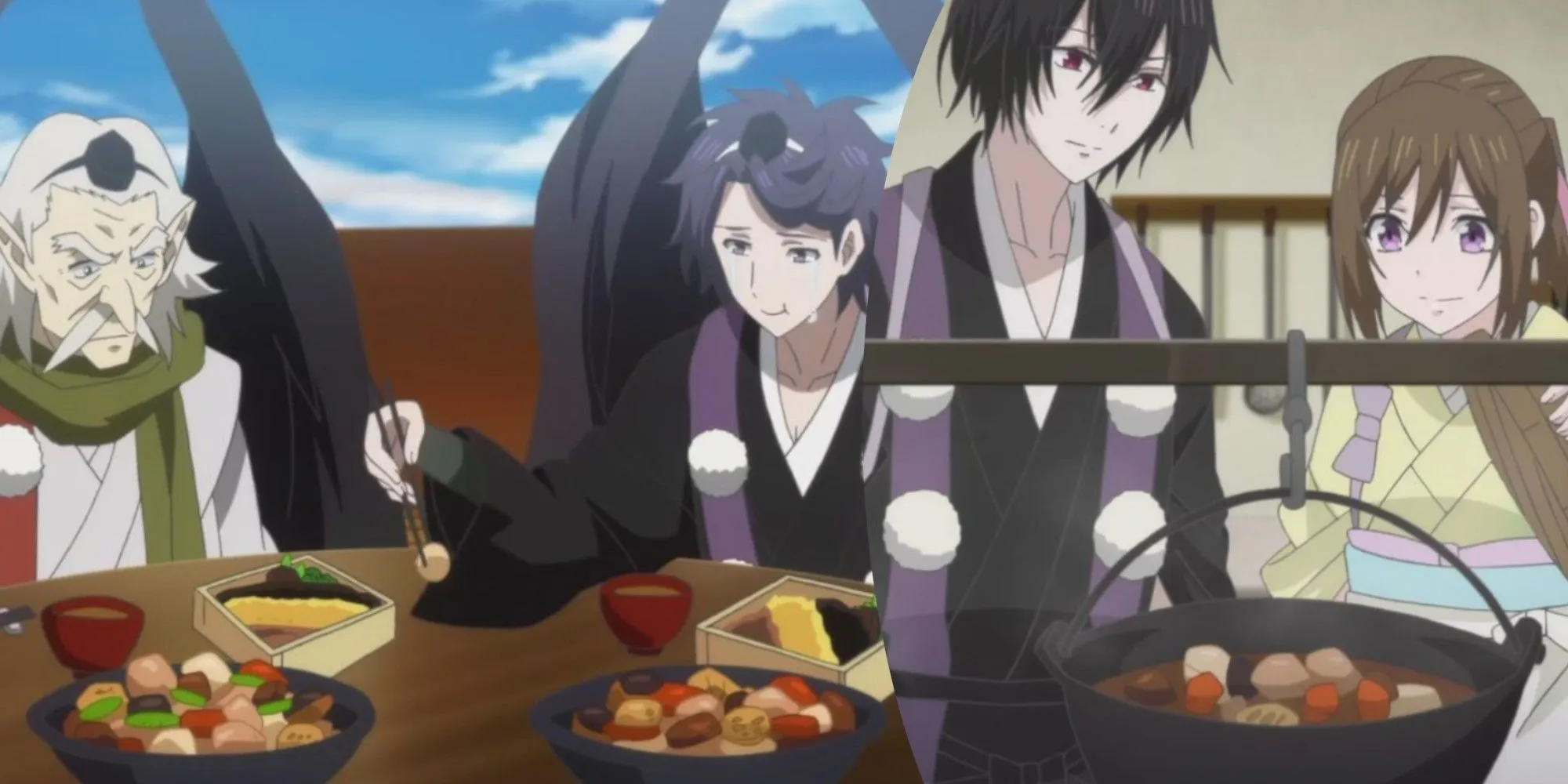 A Split Image of Kakuriyo: Bed & Breakfast for Spirits Characters Sharing a Meal