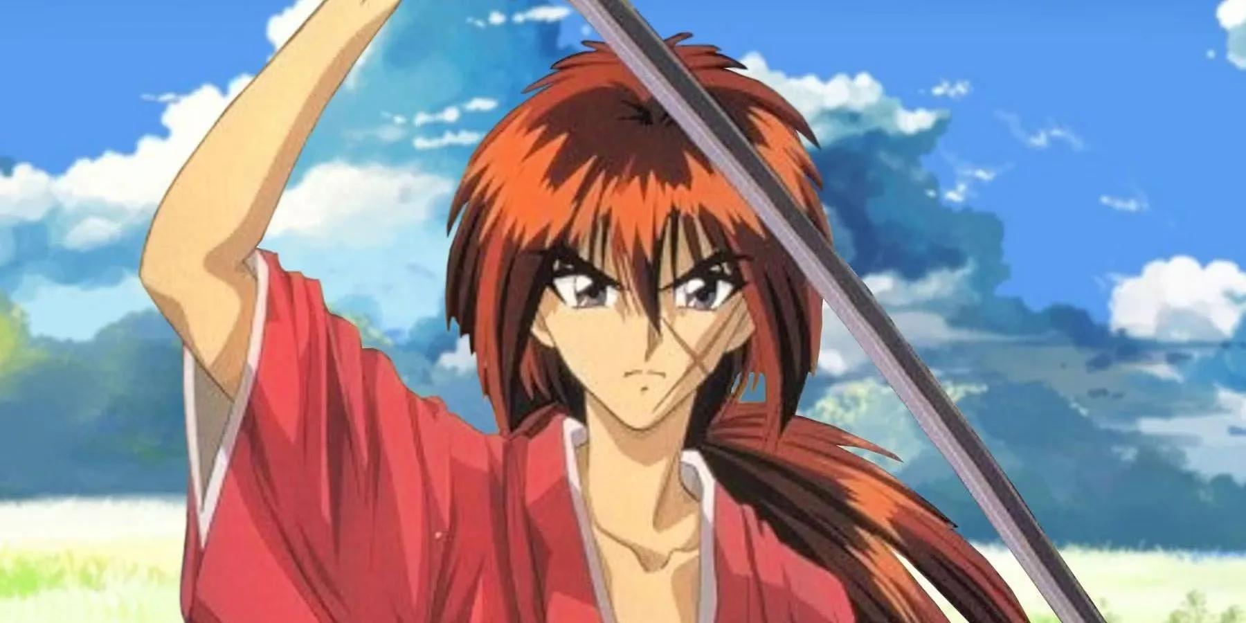 Himura Kenshin desembainhando sua espada no anime original Rurouni Kenshin.