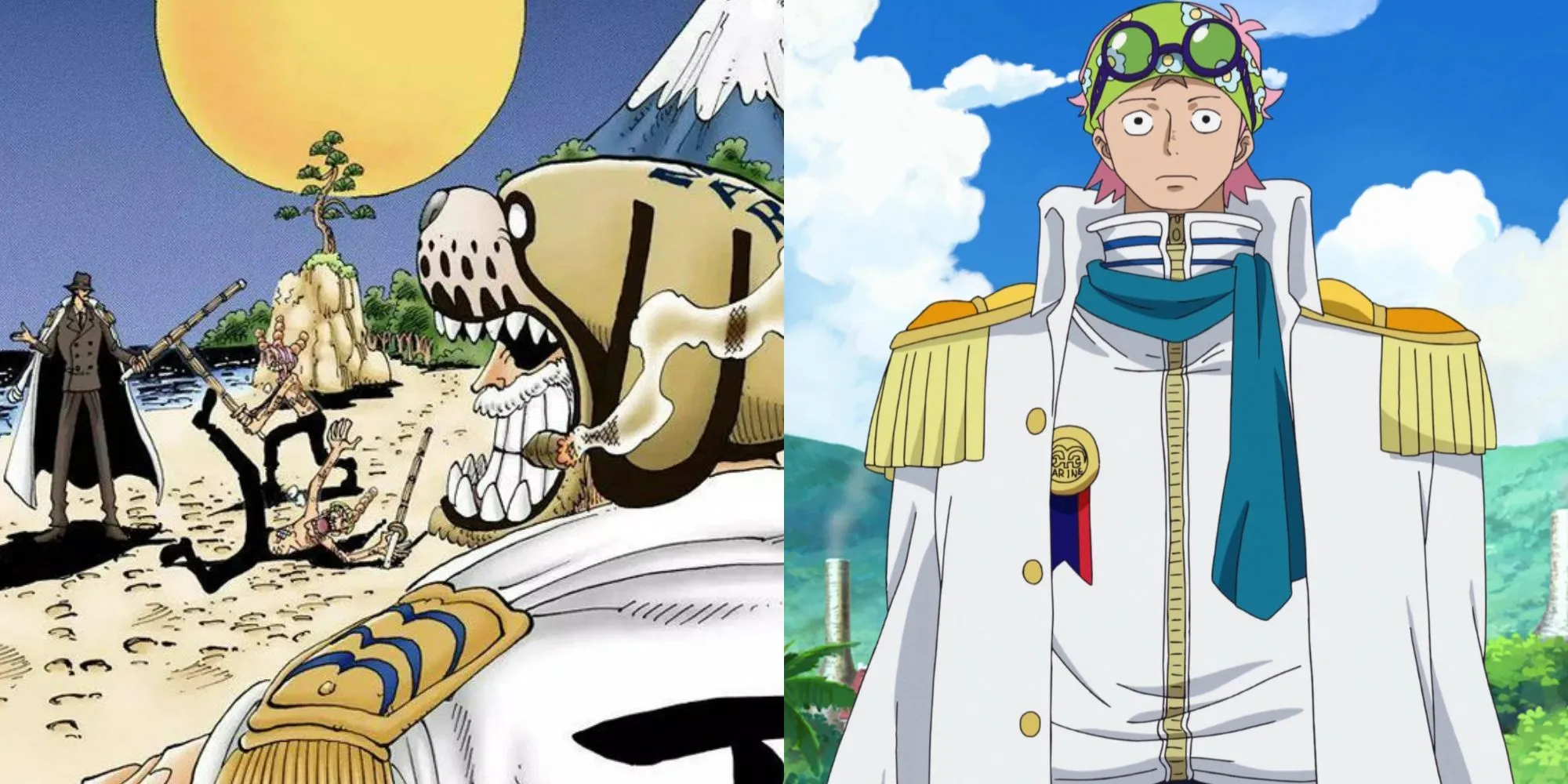 Koby e Helmeppo si allenano con Garp e Bogard, raffigurando il capitano Koby dopo il salto temporale.