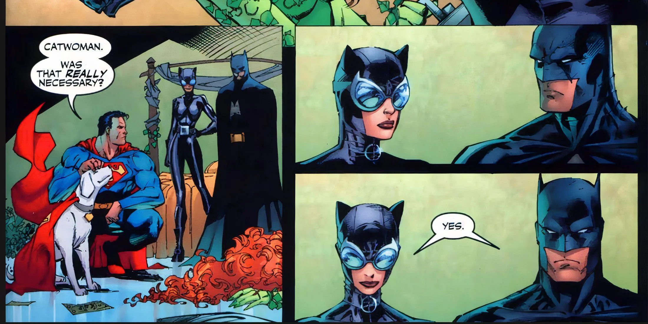 Superman inquires Catwoman about the necessity of punching Poison Ivy