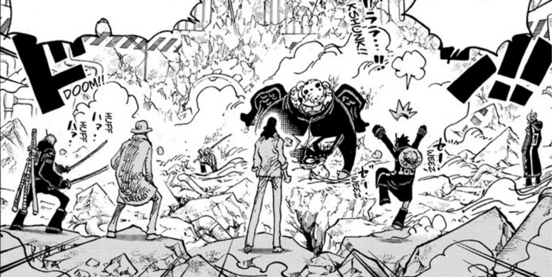 Lucci Luffy Kaku et Zoro combattent Seraphim