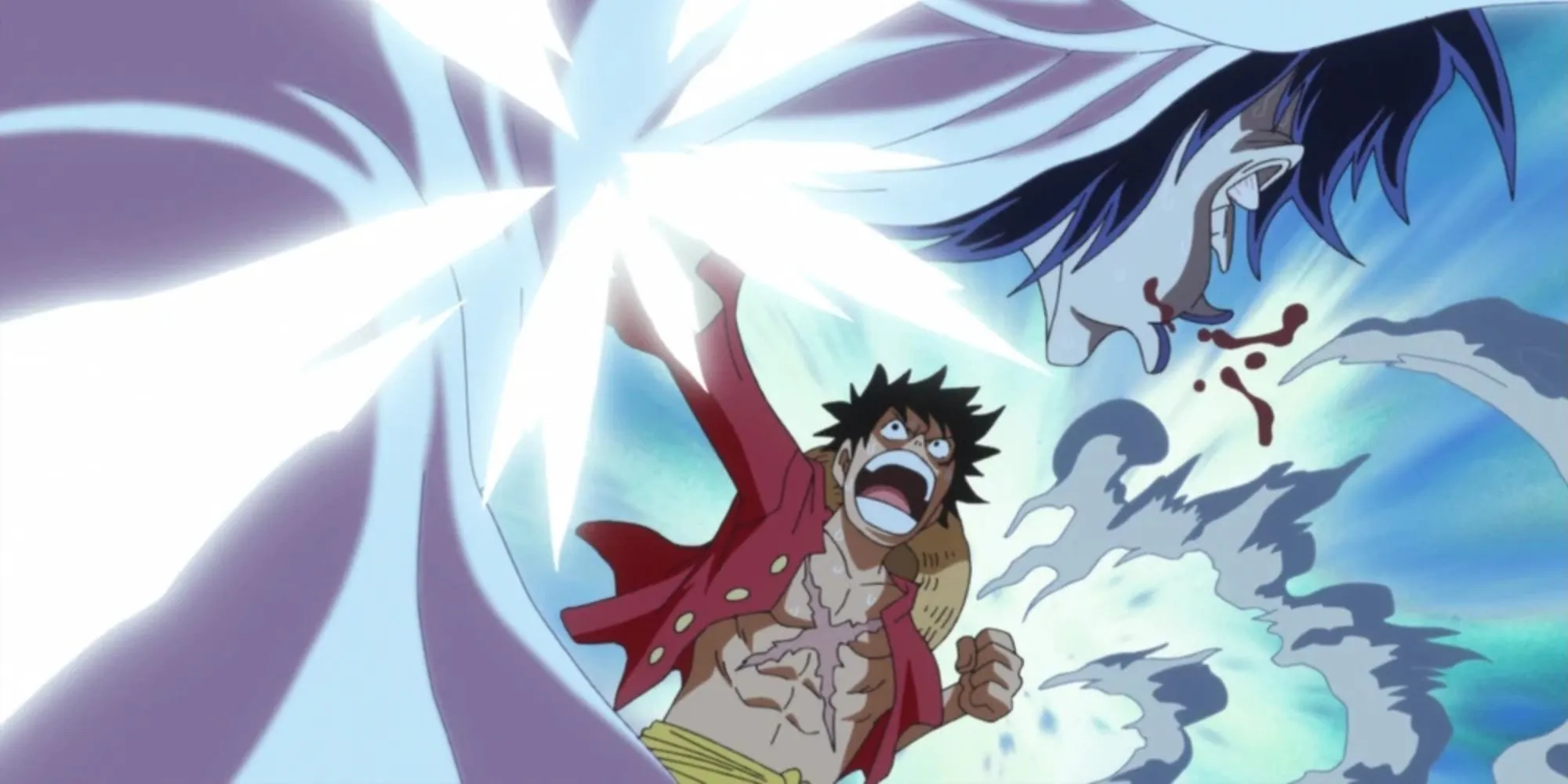 Luffy attacks Caesar Clown.