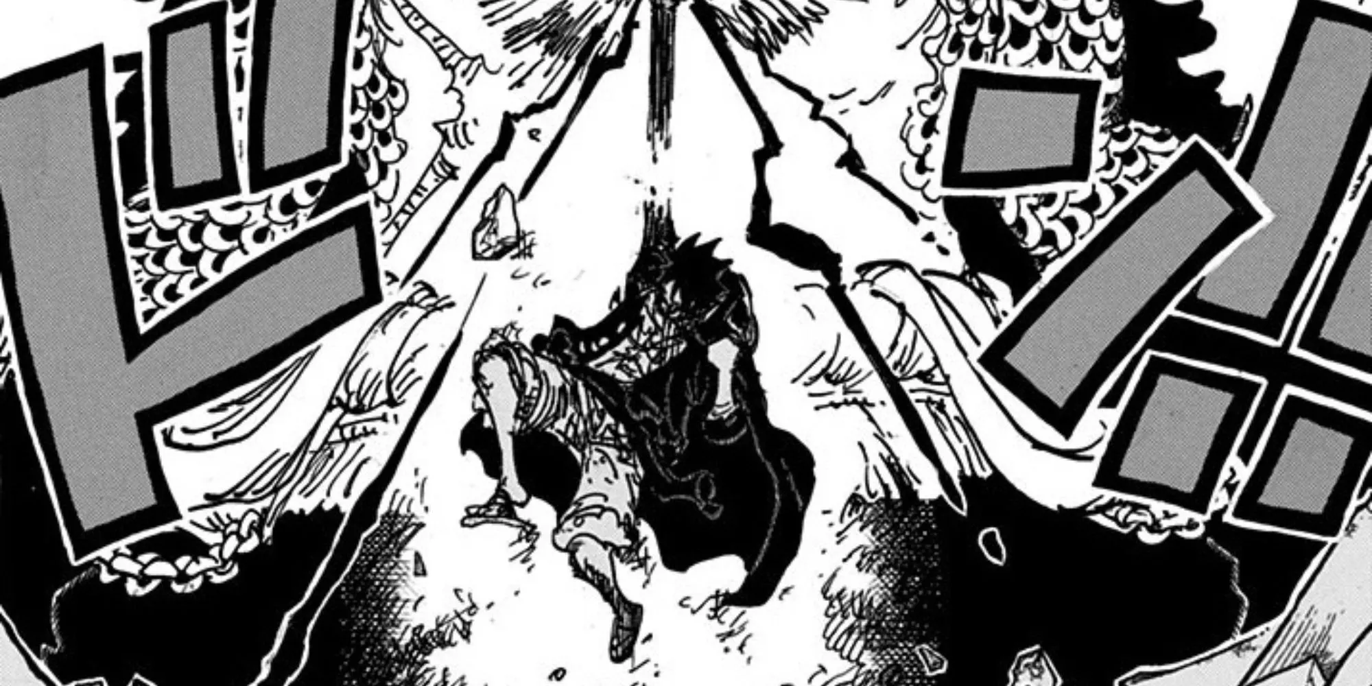 Luffy desfere um ataque avançado de Haki do Conquistador contra Kaido.