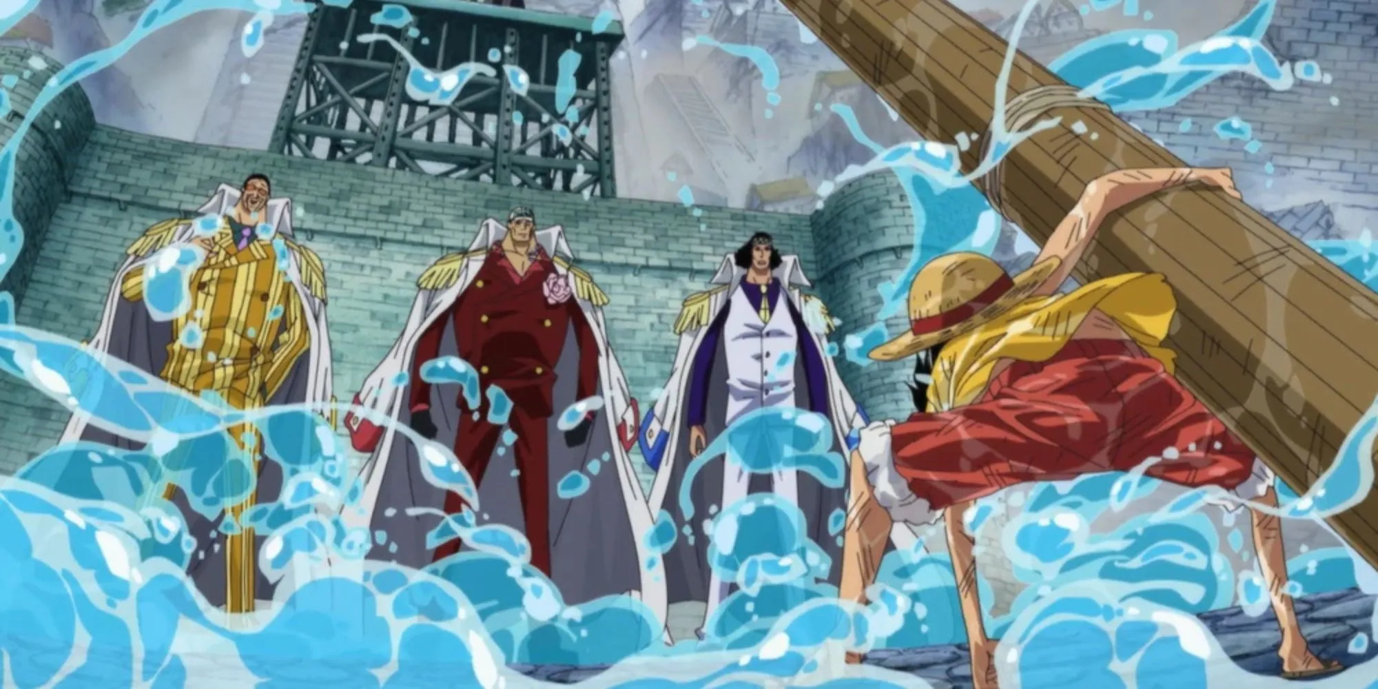 Luffy in front of the 3 admirals, Aokiji, Akainu, and Kizaru.