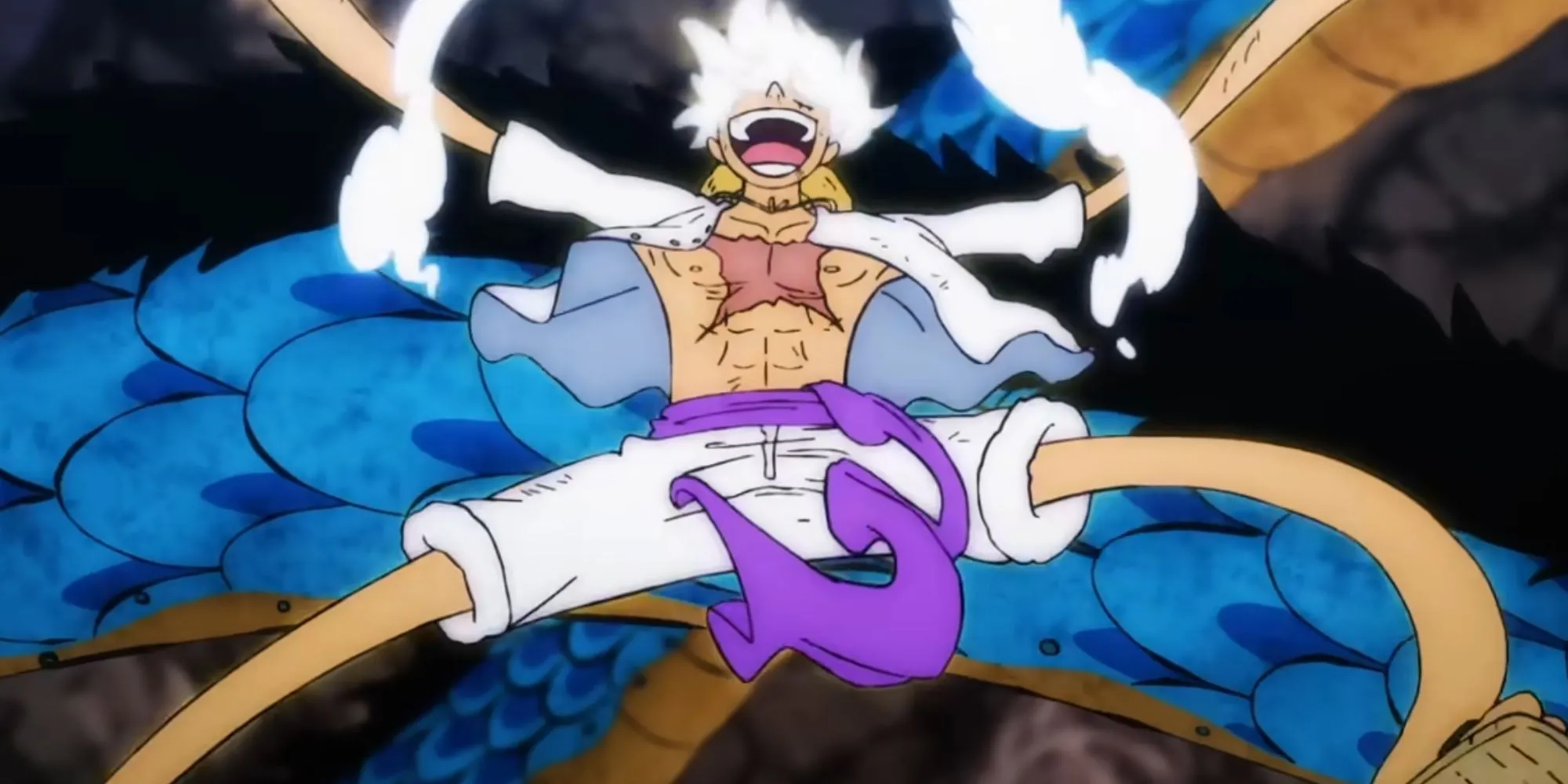 Luffy desbloqueia o Gear 5 durante sua batalha com Kaido.