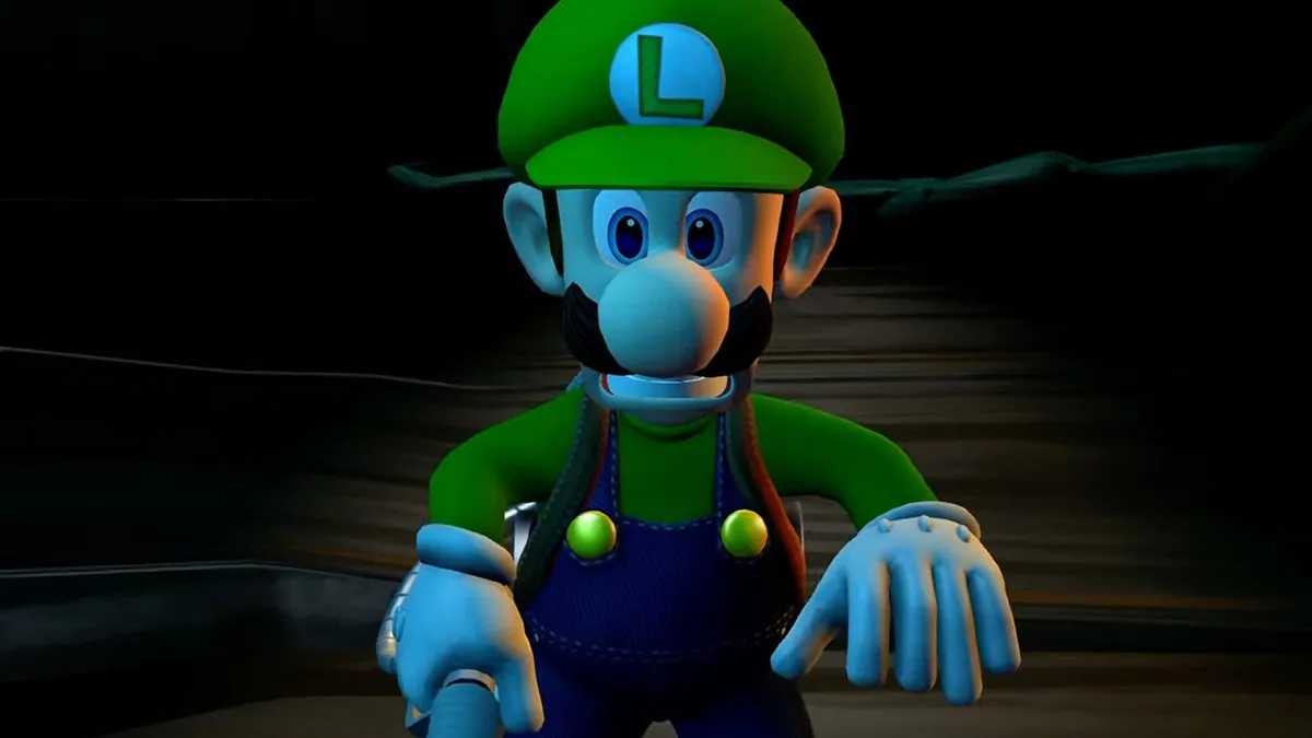 Luigi quaking in fear in 'Luigi's Mansion - Dark Moon'