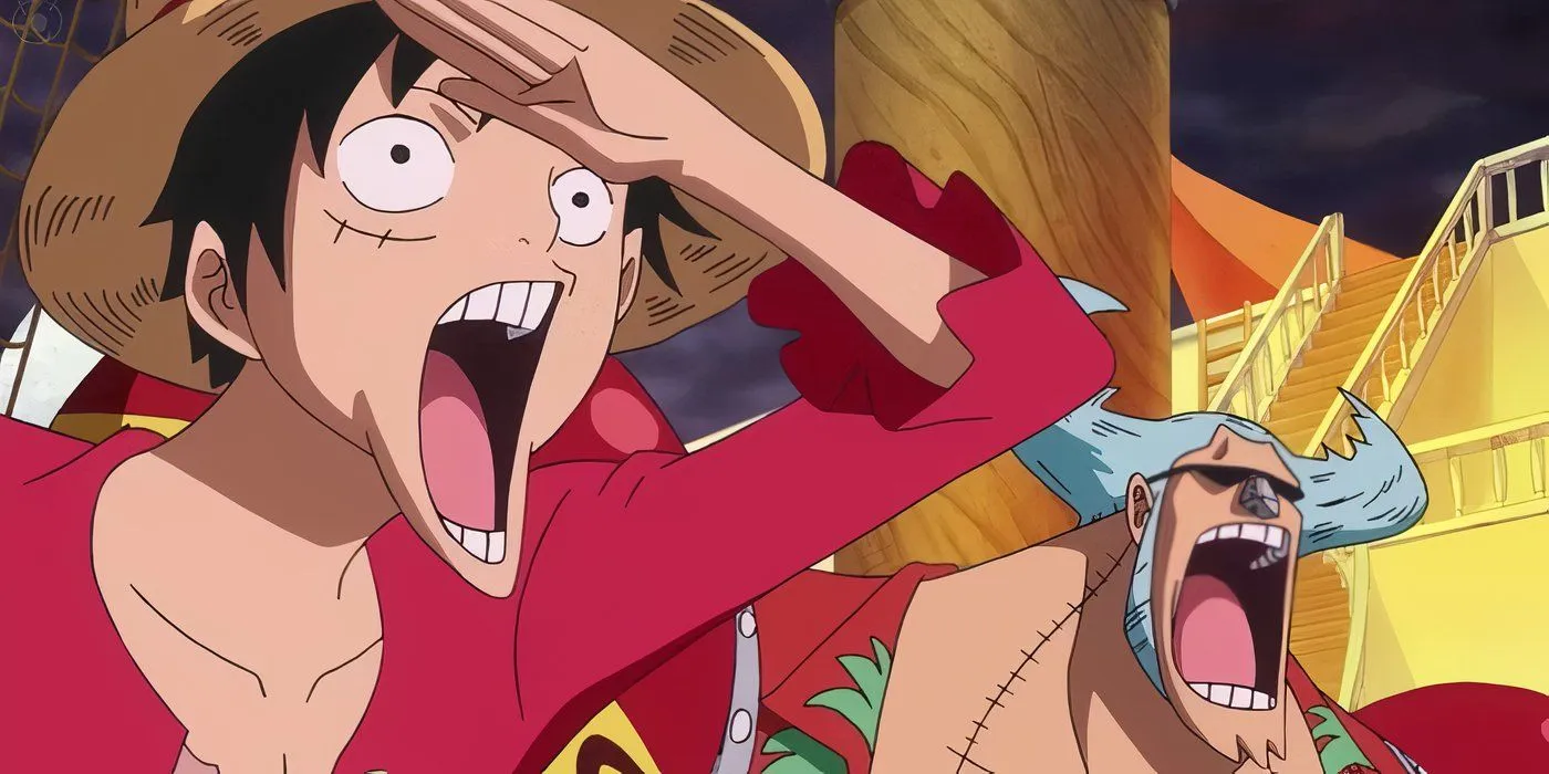 Luffy et Franky s'émerveillent devant l'île d'Egghead dans One Piece.